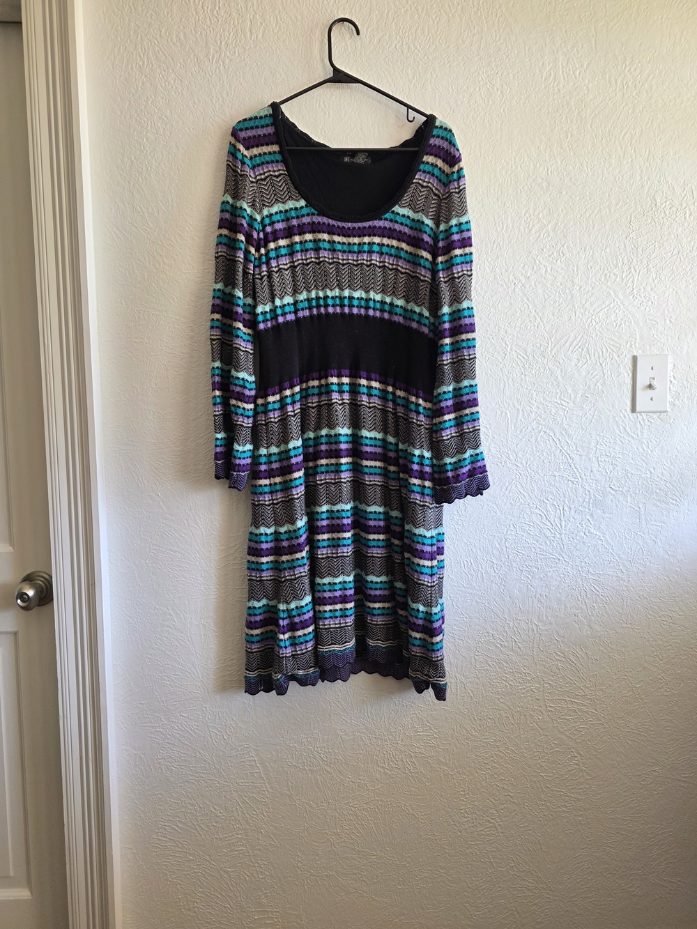 Whimsigoth Striped Scoop Neck Knit Dress in Black, Teal & Purple